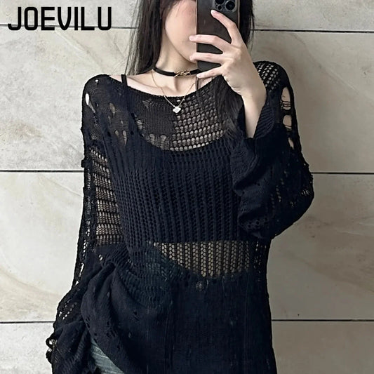 Hollow Knit  Loose Fitting Long Sleeve  Vintage Gothic Blouses