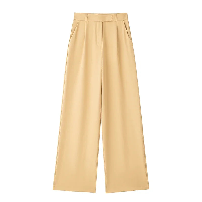 Women's Fashion Solid Front Zipper Straight Pants Vintage High Waist Full Length Female Chic Lady Trousers