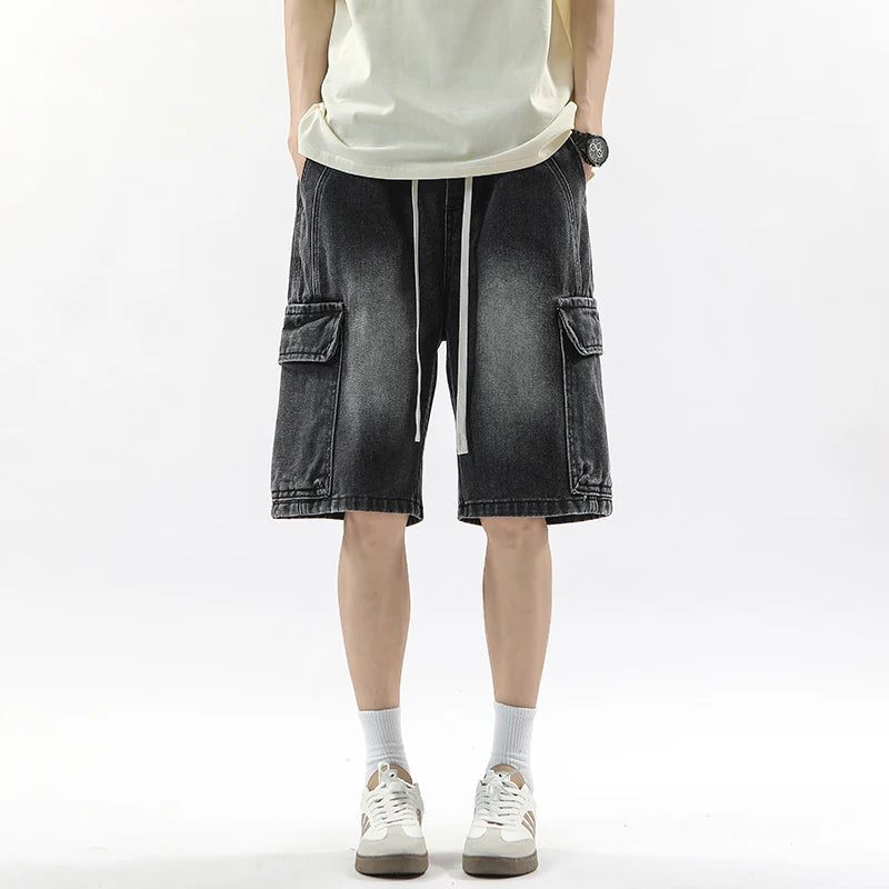 Summer Workwear Denim Shorts Street  Loose Straight Shorts Stretch Waist Casual Jogging Outdoor Five-Cubic Pants