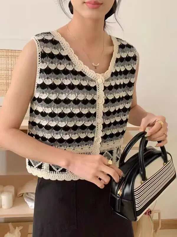 Sexy Hollow Out Knit Tank Tops Women Color block  V Neck Floral Camisole Female Beach Style Crop Top