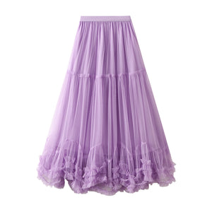 Women’s Tulle Long Skirts Elastic High Waist Ruffle Hem Fluffy A-line Midi Skirts