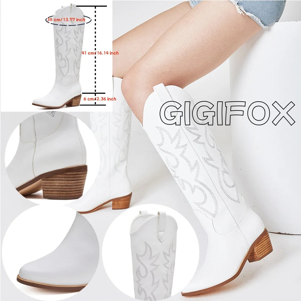 Embroidered Western Mid-calf  High  Boots Solid Square Heeled Cowgirls