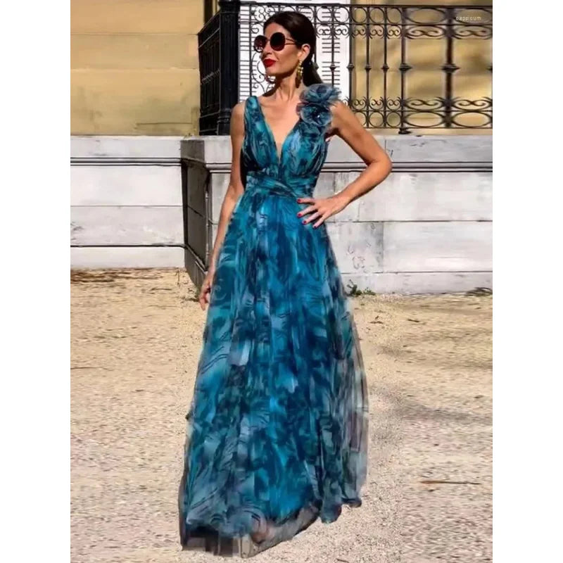 Boho Floral Maxi Dress Women - Gradient Blue V-Neck Sleeveless  Beach Party Dress with Ruffled Lace Hem