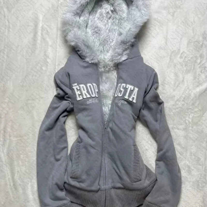 Sweater Fashion Oversized Knit  Vintage Streetwear Fur-lined hood