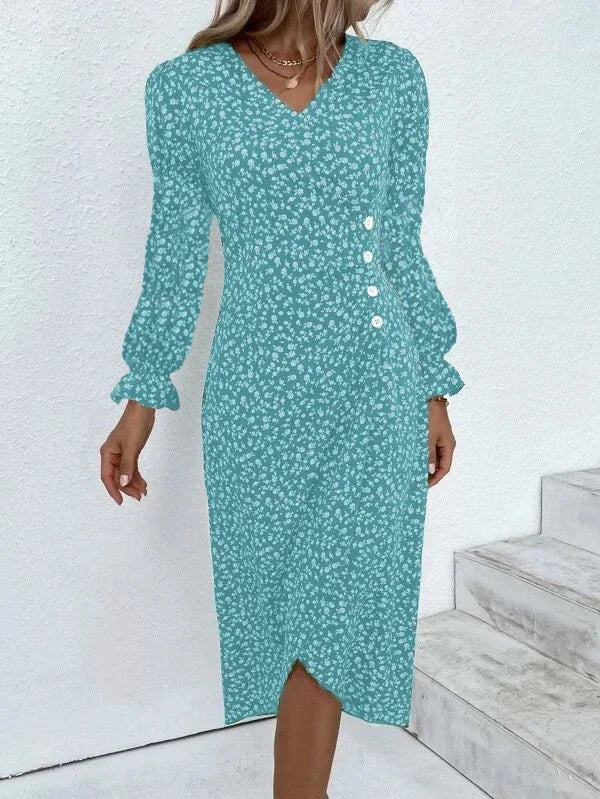 Elegant Floral Pleated H shaped Midi Dress Female V Neck Puff Sleeve Waist Ruched Button Dresses Women Summer Dress
