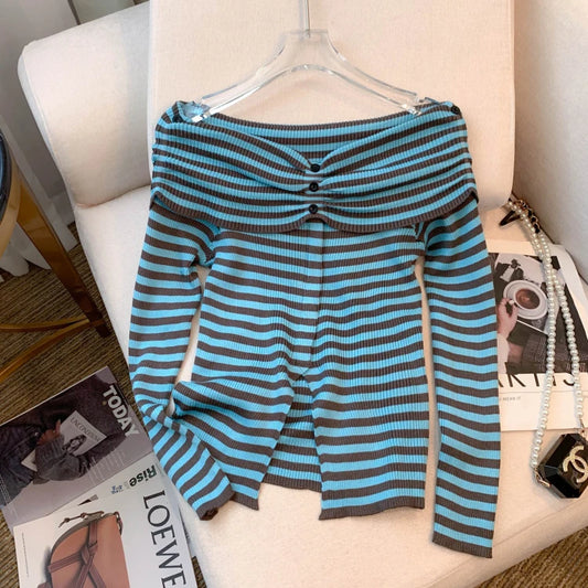 Striped Off Shoulder Knitted Top Casual Ruched Long Sleeve Split Sweater For Spring & Fall, Women's Clothing