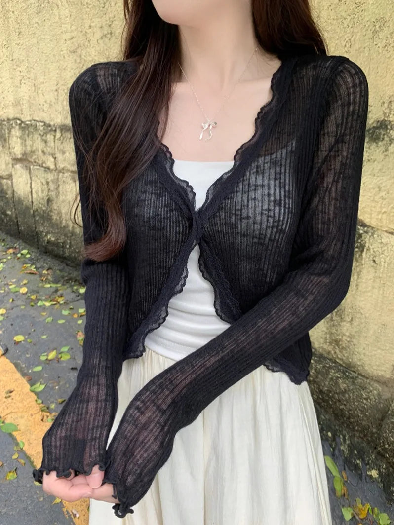 Lace Trim One Button Long Sleeve Crop Top Women Short Sleeve Open Front Ribbed Knit Cardigan Sweater Summer