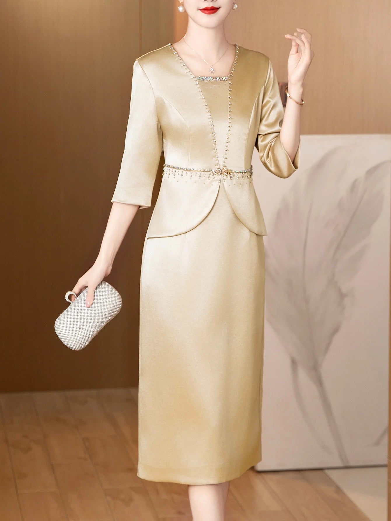 Champagne dress wedding banquet three-quarter sleeve dress