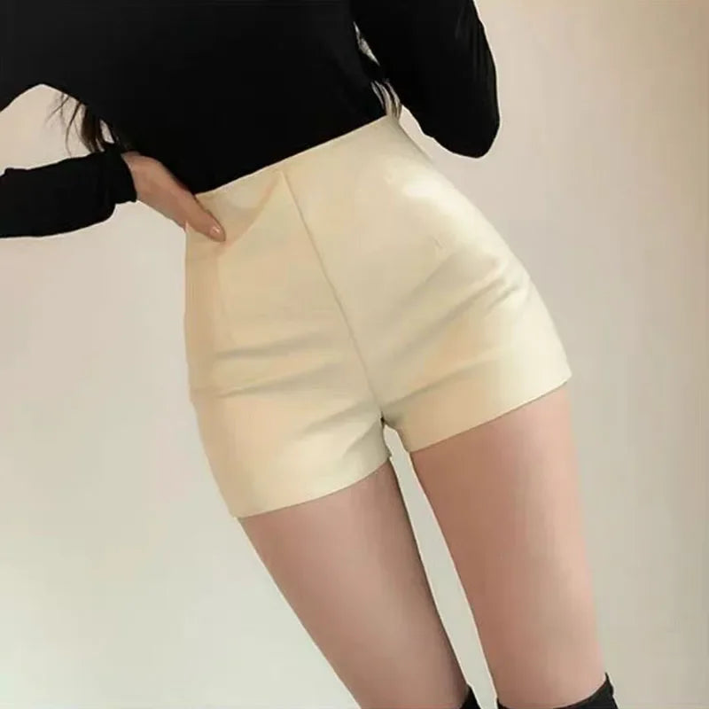 High Waist  Leather Shorts with Zipper Fly