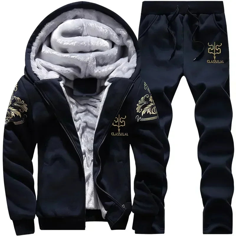 Thick Men Sports Suit Tracksuit Hooded Sportswear Zipper Cardigan Hooded Woolen Trousers Pants Casual Men Set