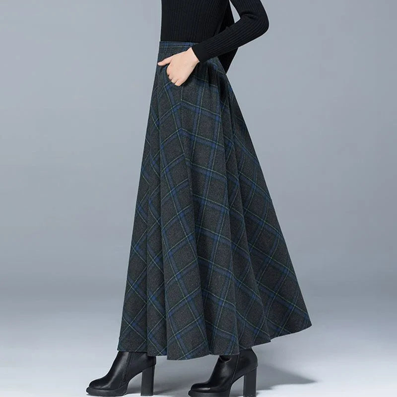 High Waist Woolen  Plaid Patchwork Pockets  A-line Large Swing Skirt