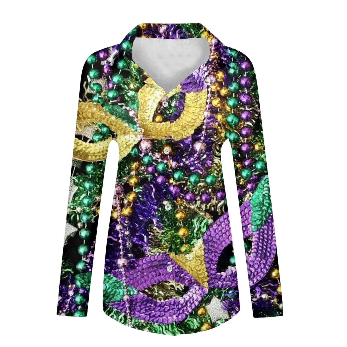 Mardi Gras Women V Neck Shirts Button Long Sleeve Carnival Print Tops Female Blouses Loose