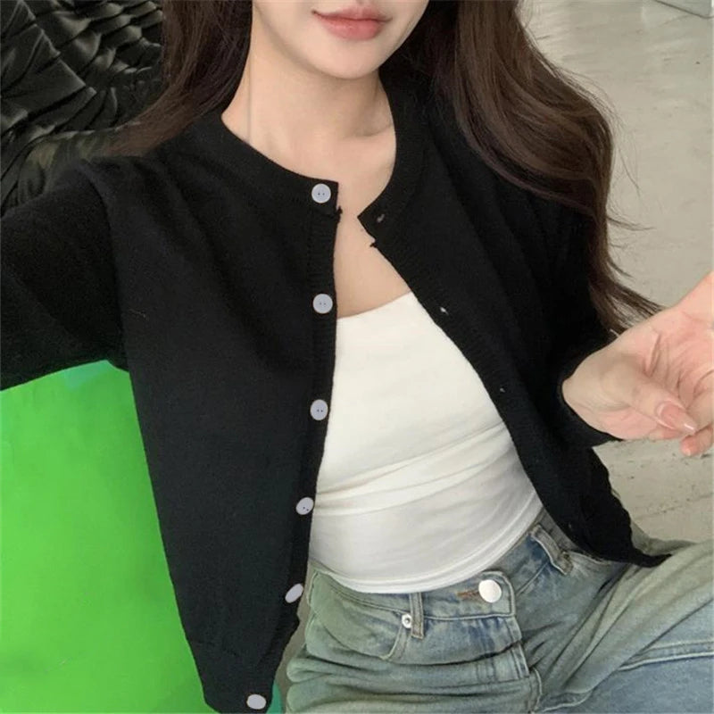 Cardigan Knit Early Autumn Women Clothes Outdoor Crop Sweater Outerwear Long Sleeve Top