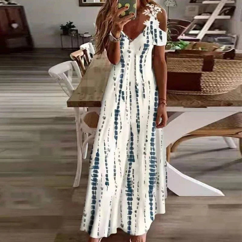 Women's Printed White Lace Cut-out Sleeves Dress Summer Fashion Casual Long Dress