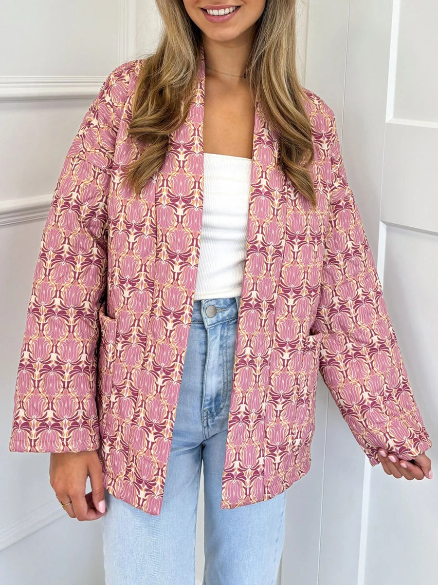 Ladies Retro Floral Print Hooded  Jacket Warm Winter Quilted Coat with Zipper Closure and Pockets