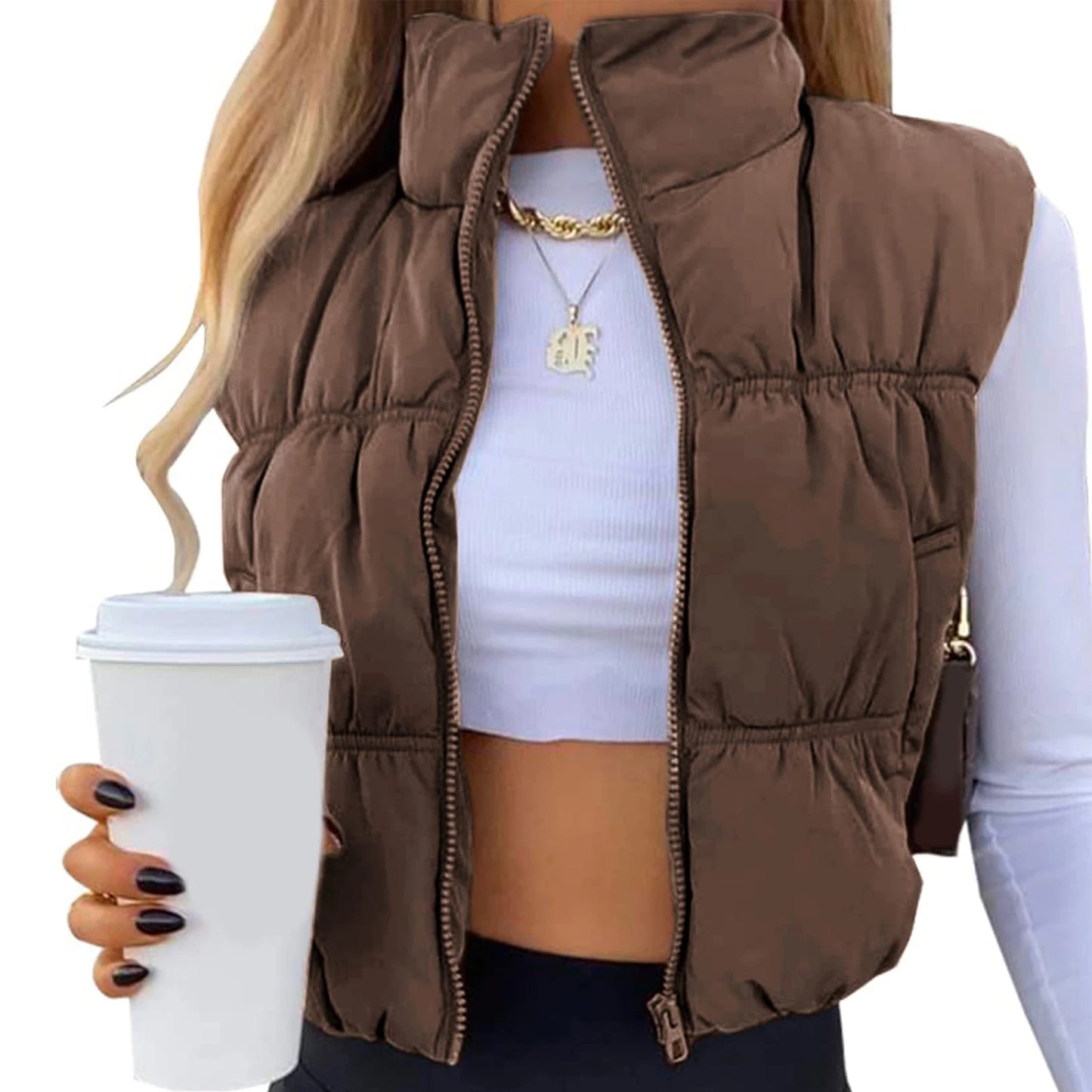 Quilted Waistcoat Solid Color Lightweight Zip Stand Collar Winter Vest Sleeveless Jacket