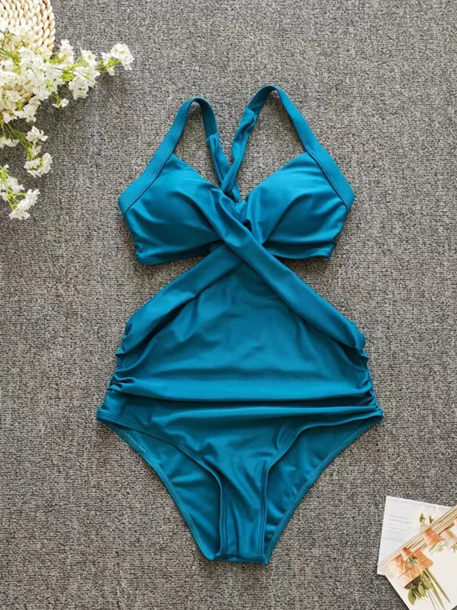 Solid Printed Swimwear Women Halter One Piece Swimsuit Female Swimming Monokini Suit Padded Beachwear