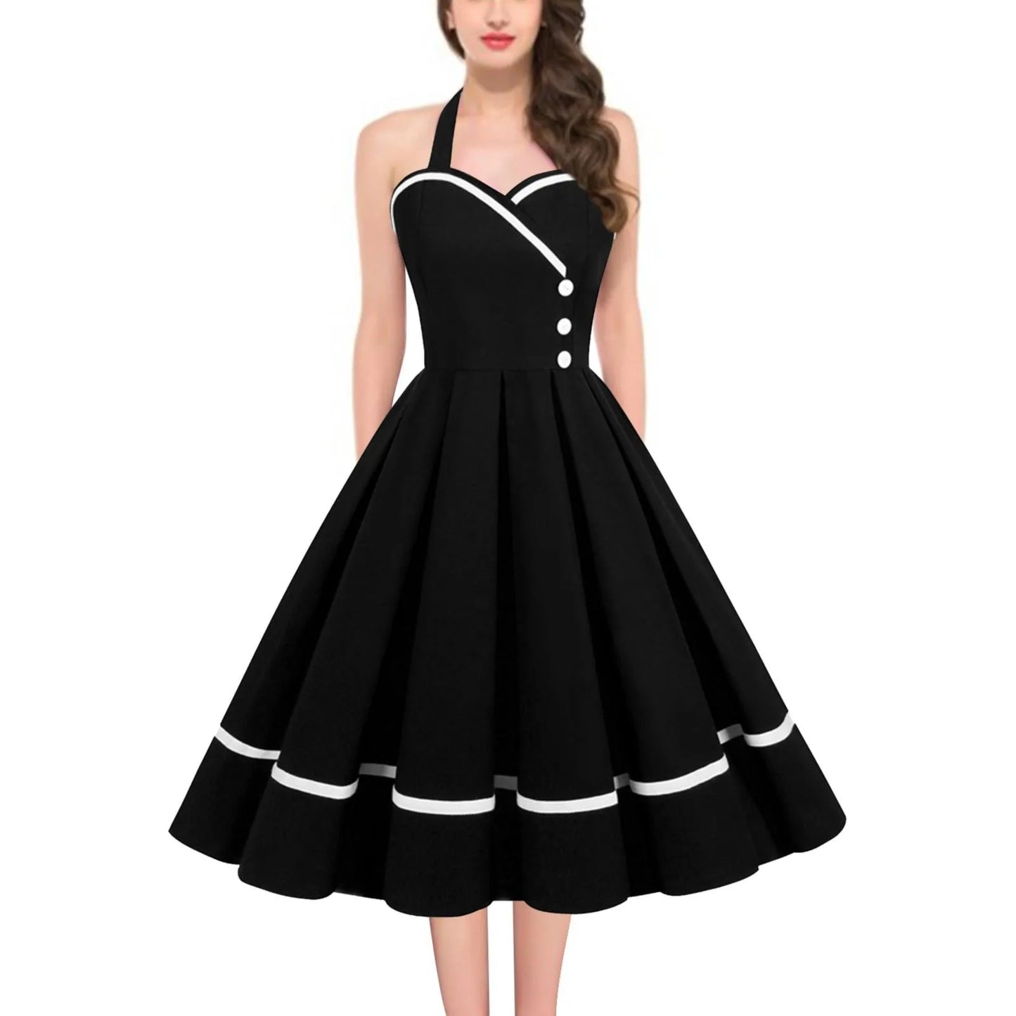 Halter Backless Pleated Big Swing Dresses Women Summer Retro 50s 60s Rockabilly Party Vintage Dress Pinup Elegant Evening Dress