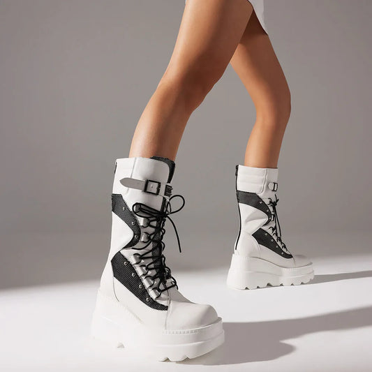 Combat Motorcycle Boots  High Platform Block High Heel Back Zipper Buckle Lace-Up Round Toe Punk Mid-Calf Boots