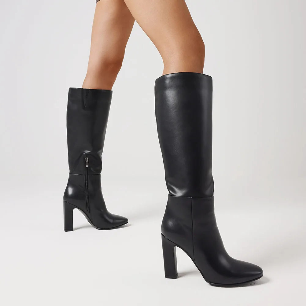 solid knee high boots fashion zipper thick high heels square toe boots