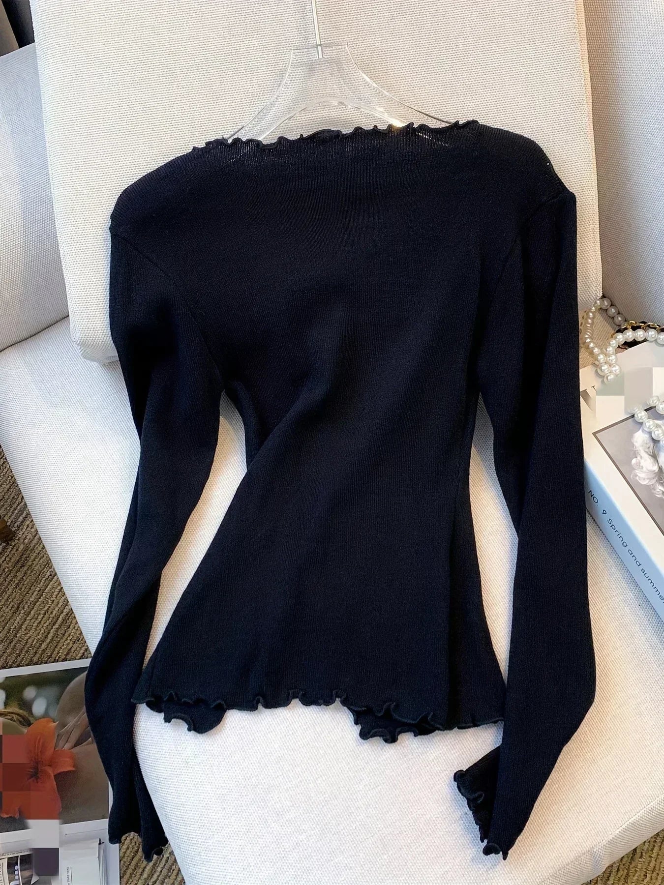 Casual Long Sleeve Sweater Solid Lettuce Trim Bowknot Pullover Sweater For Spring & Fall Women's Clothing Fashion