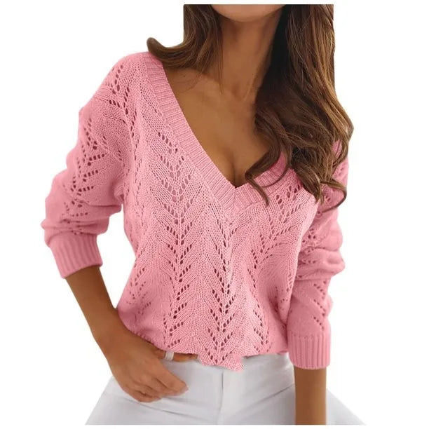Europe and the United States cross-border autumn solid color cutout V-neck casual knitwear sweater
