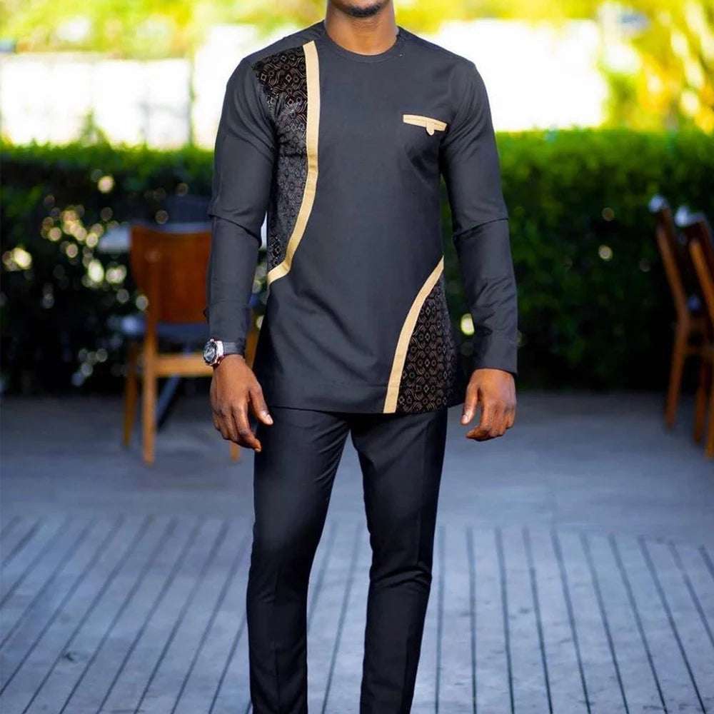 Men's  Wedding 2-Piece Suit Waist Pants Shirt Solid Color Panel Long Sleeve Party African Ethnic Style Clothing