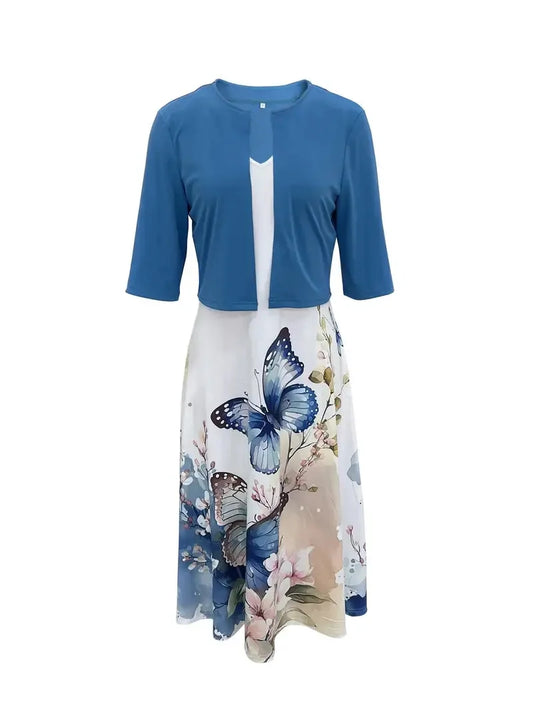 Europe and United States  women's dress two-piece floral and geometric print dress leisure holiday women's wear