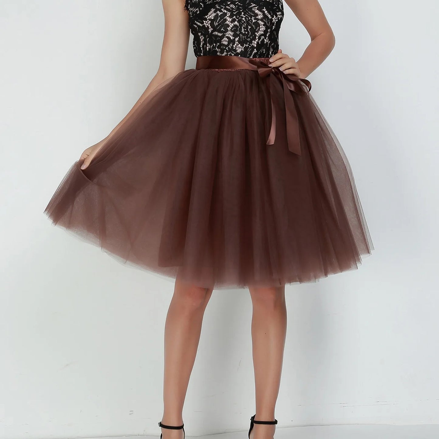 Knee Length Women A-Line Tulle Skirts Lace Up Multi Layered Tulle Petticoat Midi Skirt