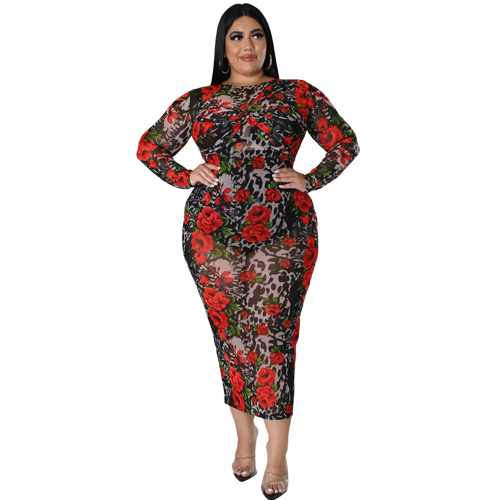Round Neck Stretch Perspective Hip Dress Printed Long Dress Plus Size Outfit for Women