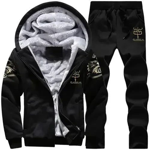 Thick Men Sports Suit Tracksuit Hooded Sportswear Zipper Cardigan Hooded Woolen Trousers Pants Casual Men Set