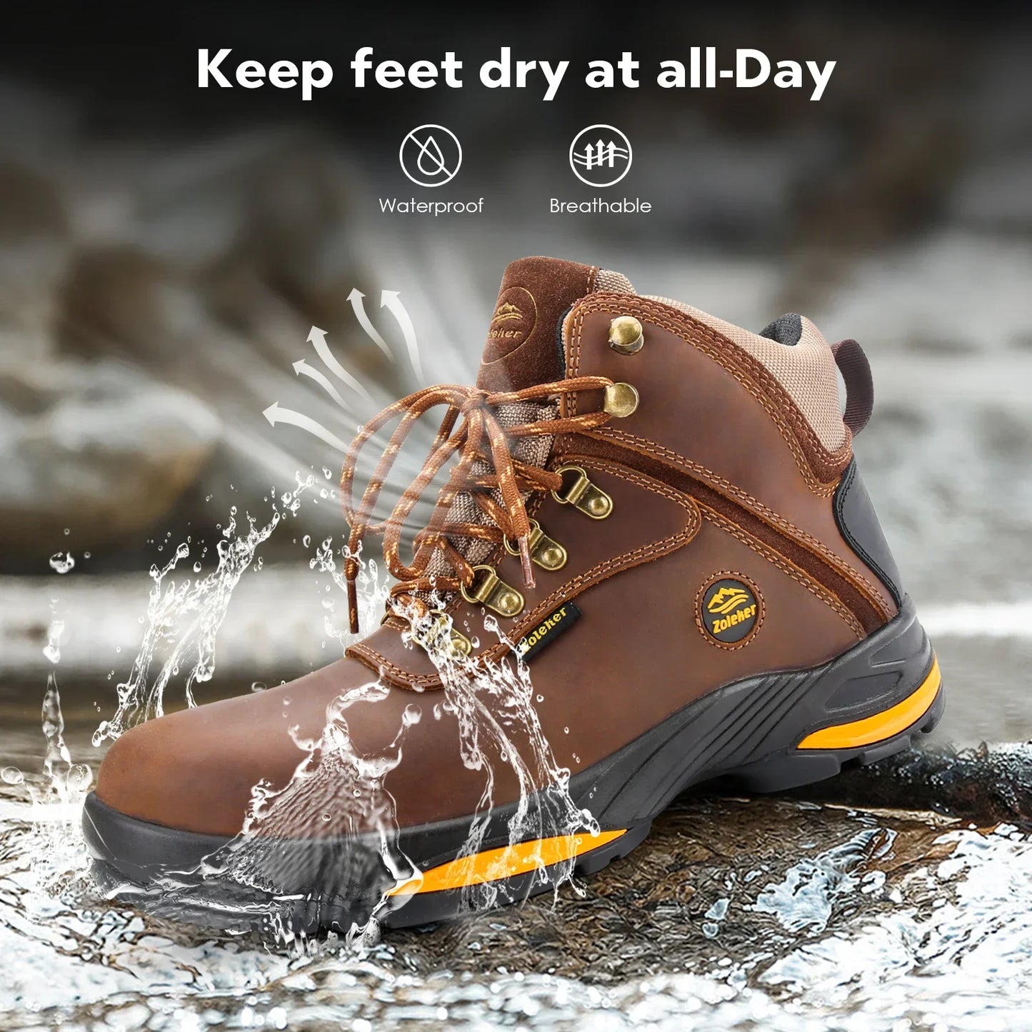 Zoleker Hike Boots for Men,Soft Toe, Slip Resistant Safety Shoes, Waterproof Anti-Fatigue