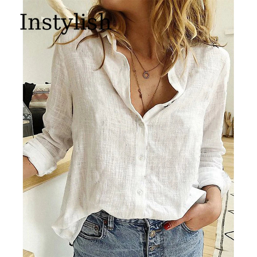 Elegant Cotton Linen Shirts Women Casual Solid Button Lapel Blouses Shirts  Long Sleeve Loose Tops