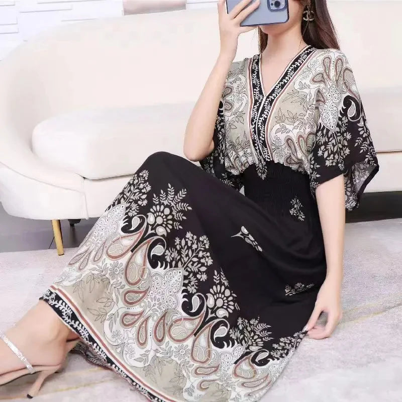 Colorful Flower V-neck Elastic Youthful Bohemian Sweet Midi Dress Woman Clothes Chic Fashion Summer Dresses
