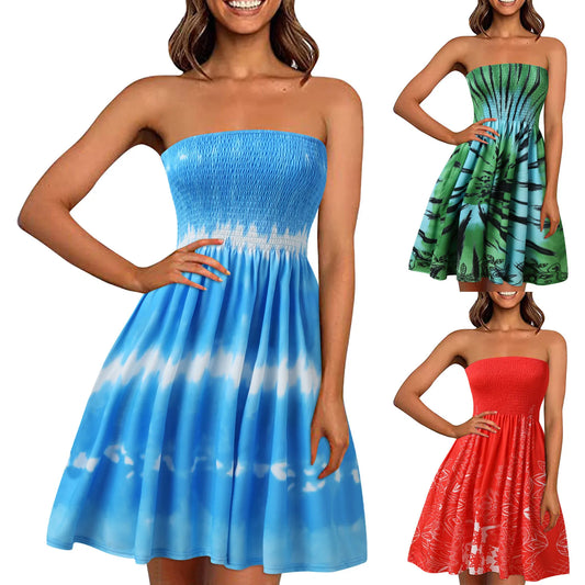 Summer Retro Strapless Tube Dress Sexy Dresses For Women Beach Cover Ups Boho Floral Print Sundress Smocked Beach Dress