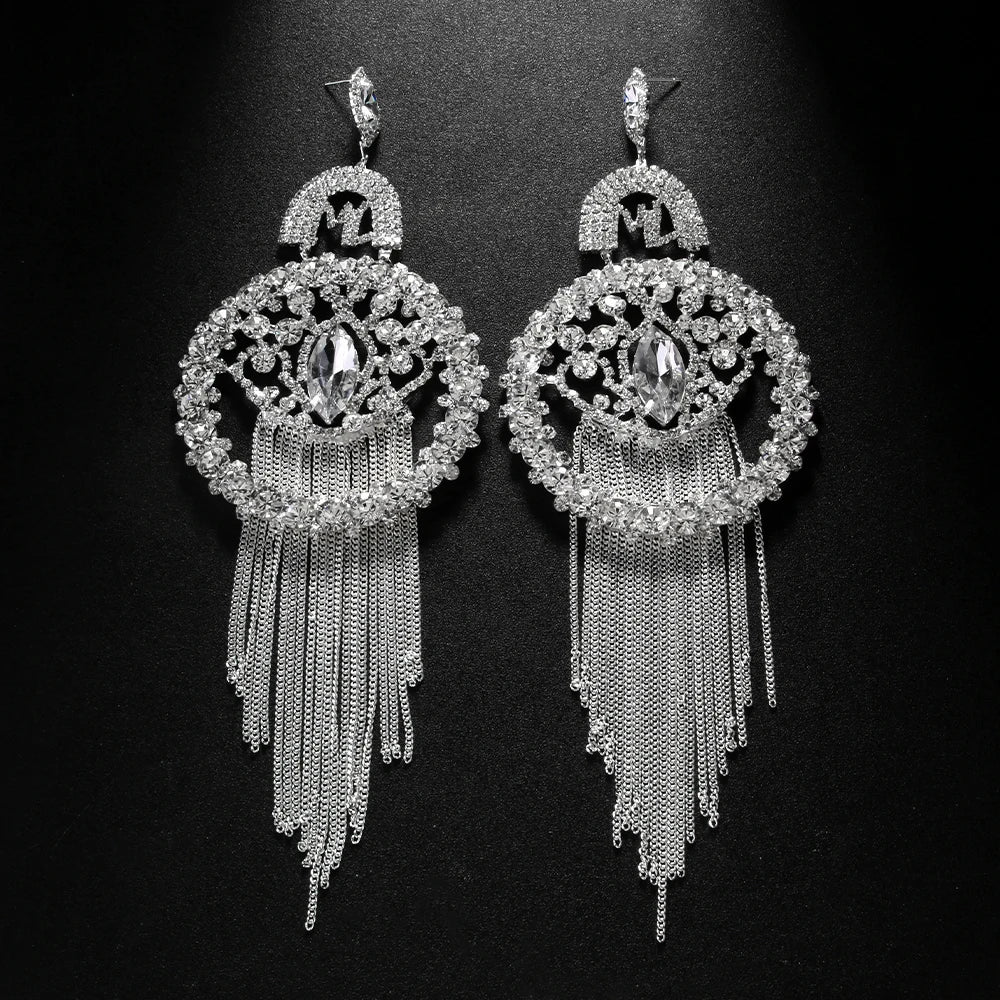 Exaggerated Rhinestone Water Drop Tassel Earrings Crystal Long Tassel Earring