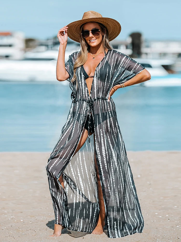 Leopard Print Maxi Length Kimono Bikini Cover Up For Women Short Sleeve Lace Up Long Summer Beachwear