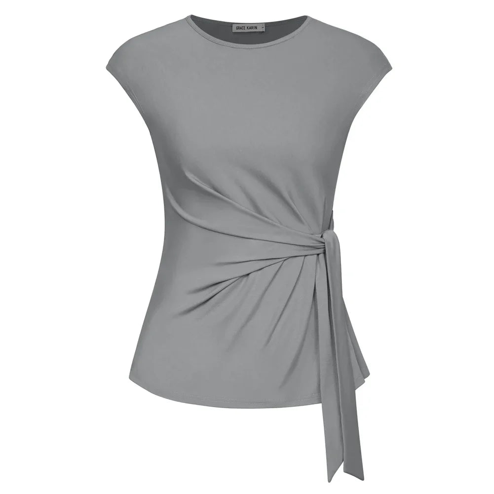 Front Bow Knot  Cap Sleeve Crew Neck Pullover