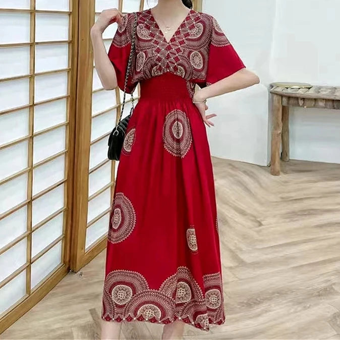 Colorful Flower V-neck Elastic Youthful Bohemian Sweet Midi Dress Woman Clothes Chic Fashion Summer Dresses
