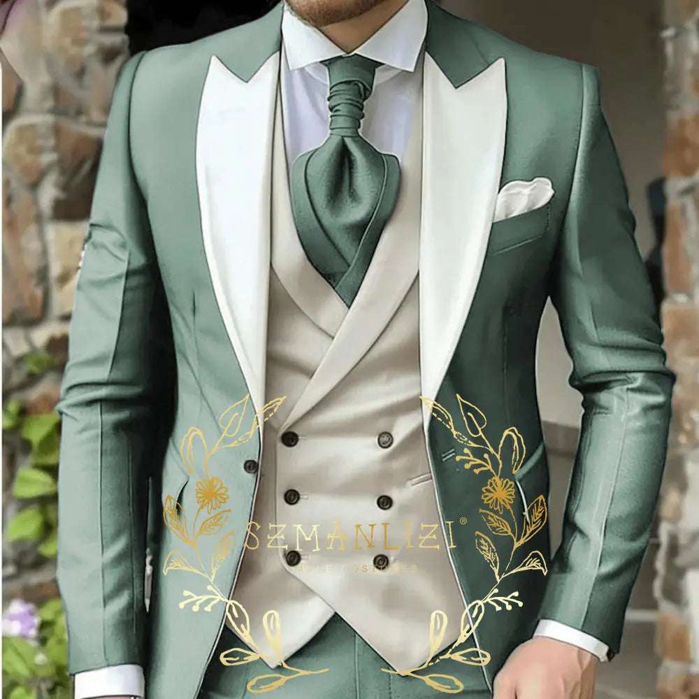 Classic Men's Suit 3 Piece Tuxedo Peaked Lapel Groomsmen Wedding Suits Set Fashion Men Business Blazer Pants Vest