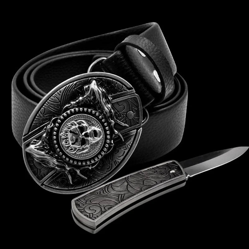 Adult Carved Invisible Knife Buckle Waist Belt Adjustable Personality Genuine Waist Belt