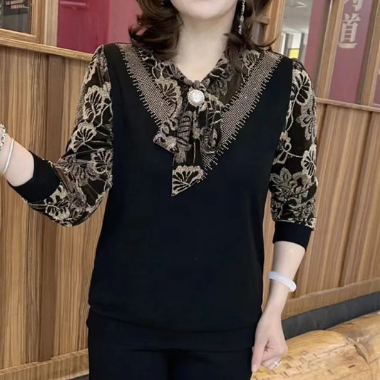 Loose Casual Office Retro BOW Chiffon V Neck Long Sleeve Chic Tops