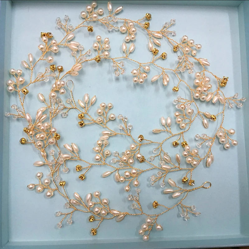 35/50cm Long Handmade Crystal Pearl Hair Band Headdress Wedding Hair Accessories Beads Headband Jewelry Fashion Headdress