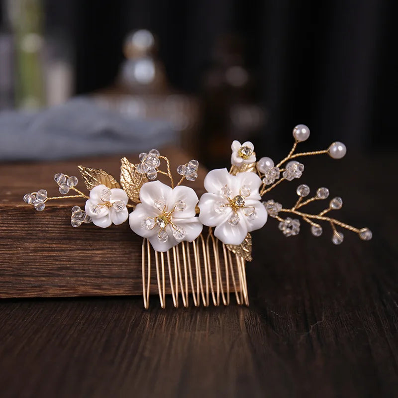 Pearl Flower Hairpin Side Comb Golden Leaf Shaped Alloy  Insert Jewelry Comb Hair Jewelry Bride Headwear