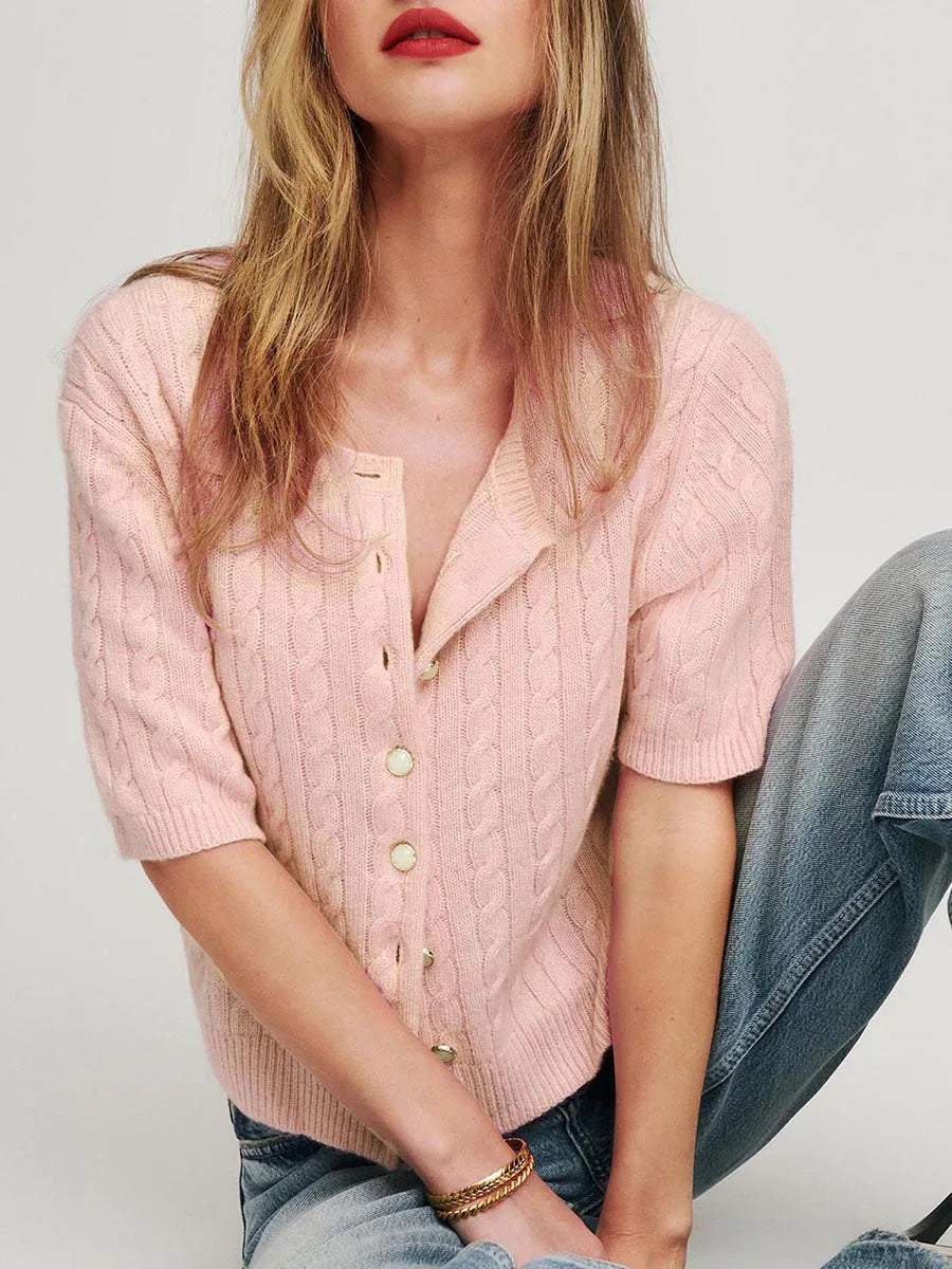 Elegant Women's Cashmere Cardigan with V-Neckline and Ribbed Trim Lightweight Button Down Short Sleeve Sweater