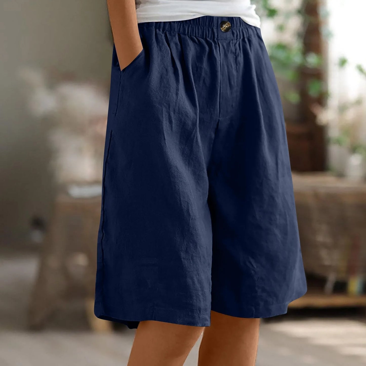Women's Fashion Solid Color Shorts Pocket Button Up Capris Loose Elastic Waist Cotton Linen Shorts