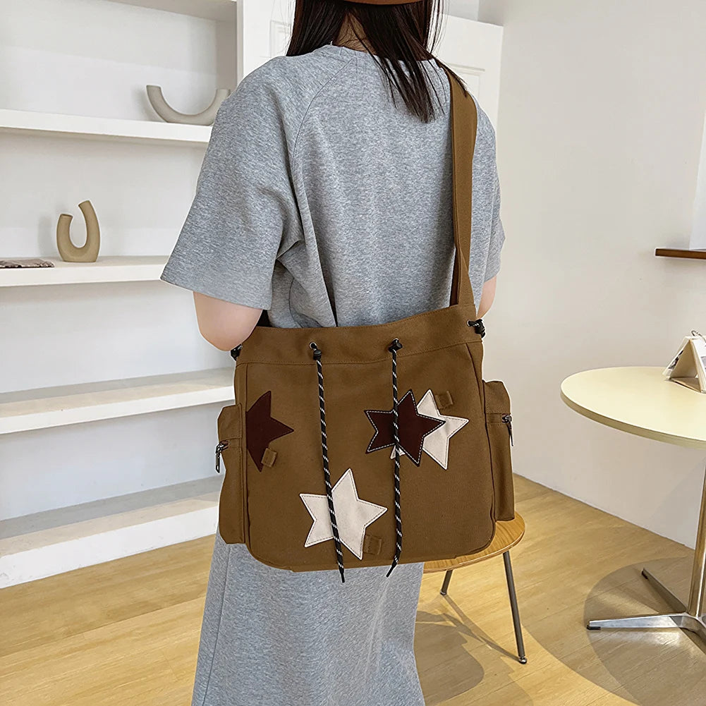 Women Casual Satchel Bag Large Capacity Canvas Star Applique  Street Style School Bag for Teens Students