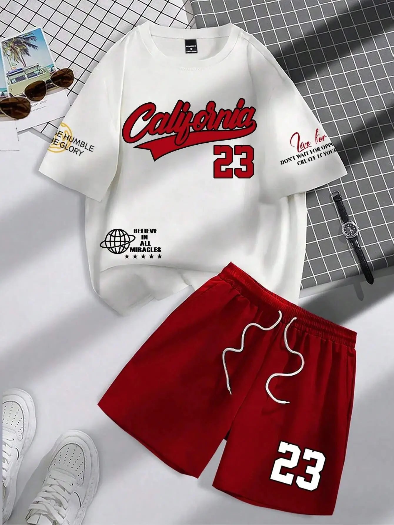 summer new trend men's suit round neck short sleeve set fashion personalized alphanumeric print round neck T-shirt and shorts