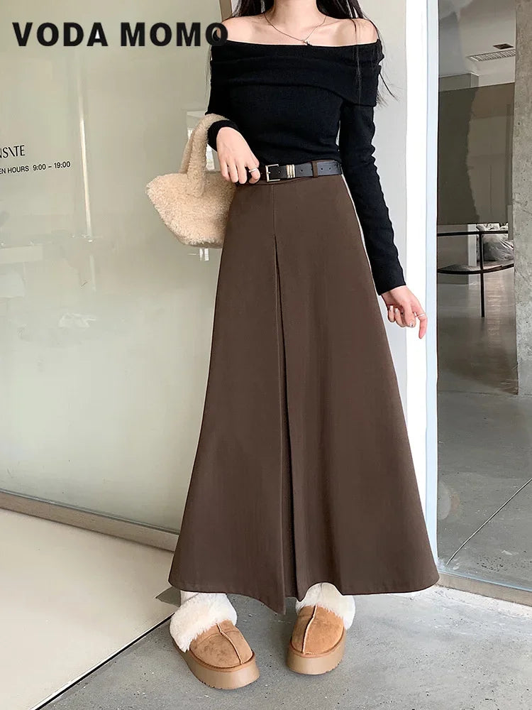 Retro High Waist Slim Mid-length  A-line Skirt
