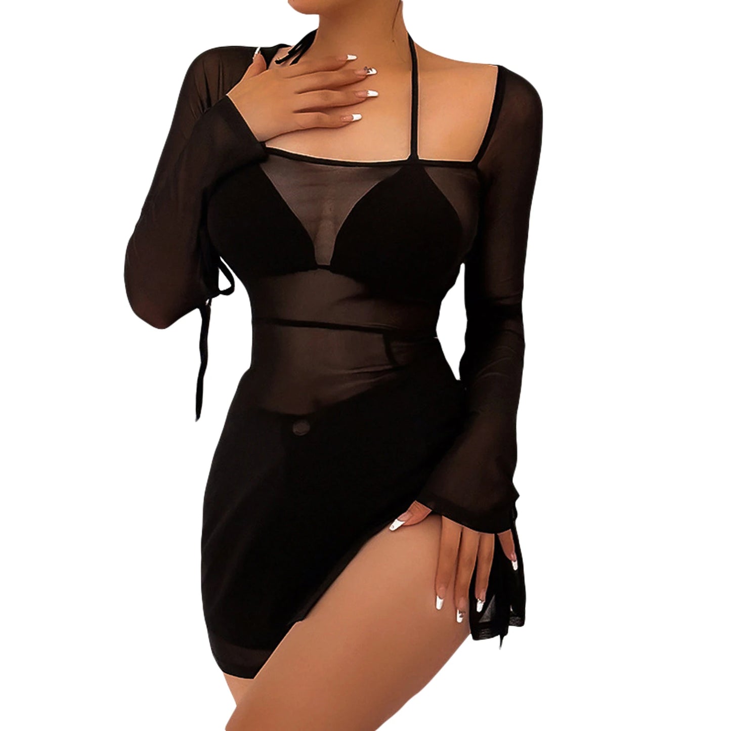 See-through Long Sleeve Square Neck Slit Mini Dress